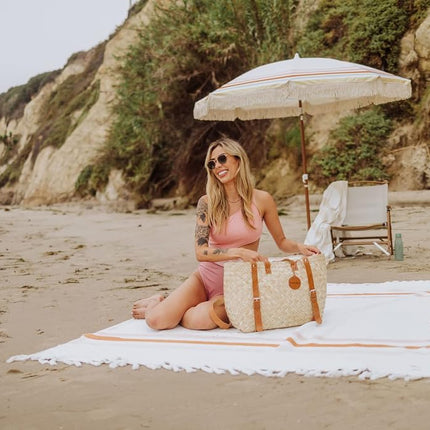 BEACH STATE Couverture de plage Oceanside, 168 x 203 cm, Couverture de pique-nique premium 100 % coton, Serviette de plage surdimensionnée avec franges, Accessoires de plage bohème (Sunset Stripe)