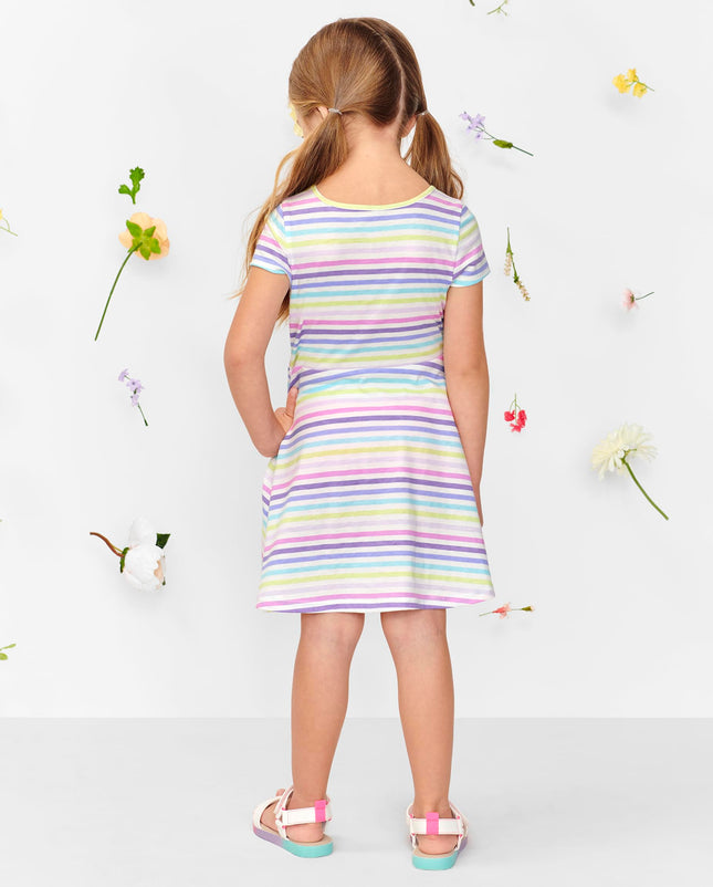 The Children's Place Baby One Size and Toddler Girls Short Sleeve Skater Dress, Rainbow Striped, 5T