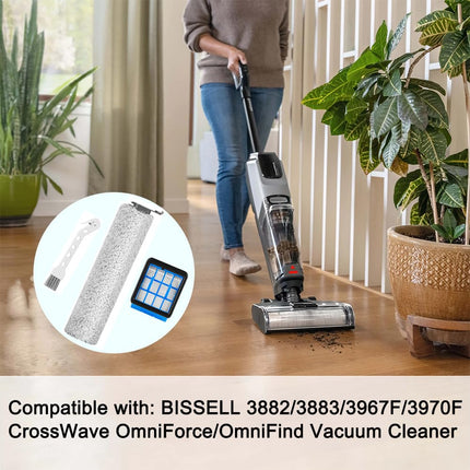 For Bissell CrossWave OmniForce & OmniFind Vacuum Cleaner, 3x Multi-Surface Brush Rollers + 3x HEPA Filters + 1x Clean Brush, Replacement Parts 3882/3883/3967F Series, Compare to Model 1640064
