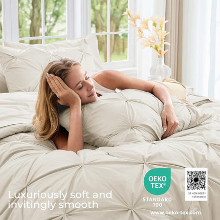 Sasttie Pintuck Comforter Set, 7-Piece Bed in a Bag, Queen, Beige