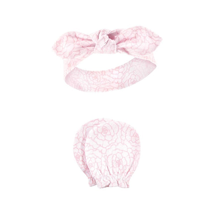 Hudson Baby Baby Girls' Cotton Headband and Scratch Mitten Set, Gray Feather, 0-6 Month