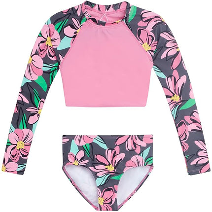 Kanu Surf Girls' Long Sleeve Rashguard UPF 50+ Two Piece Swim Set, Sunflower Pink, 12