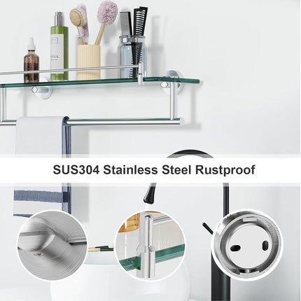 KOCOK 20-Inch Tempered Glass Bathroom Shelf with Towel Bar - Brushed Nickel & Stainless Steel, Wall Mount Rustproof Tower Holder with Shelves