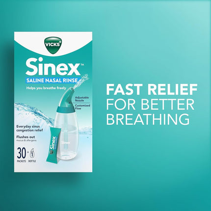 Kit de démarrage Vicks Sinex Saline pour irrigation nasale, solution saline sans médicament, élimine le mucus et les allergènes, soulagement rapide et efficace de la congestion quotidienne due aux sinus et aux allergies, 1 flacon + 30 sachets de recharge.