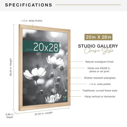 MCS Studio Gallery Classic 20x28 Poster Frame Natural Woodgrain, Vertical & Horizontal Wall Hanging Large Picture Frame for Photos, Posters & Art Prints (1-Pack)