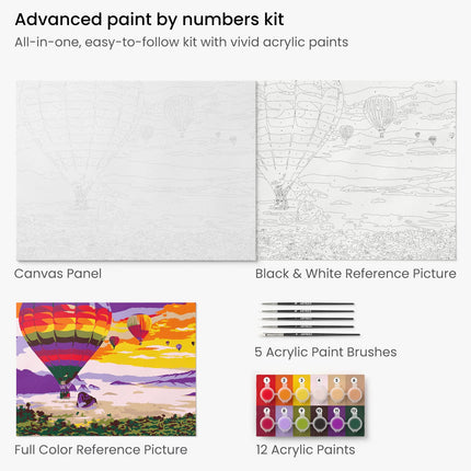Arteza Paint by Number for Adults, 12x16 Inches, 21 Pieces, Hot-Air Balloon Paint by Numbers Kit, Comes with 1 Canvas Panel, 12 Acrylic Paint Pots, 5 Paintbrushes, Art Supplies for Home & Office Decor