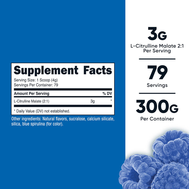 Nutricost L-Citrulline Malate 2:1 - 300 g - 3 g L-Citrulline Malate per Serving, Gluten Free, GMO Free, Vegan (300 g, Blue Raspberry)