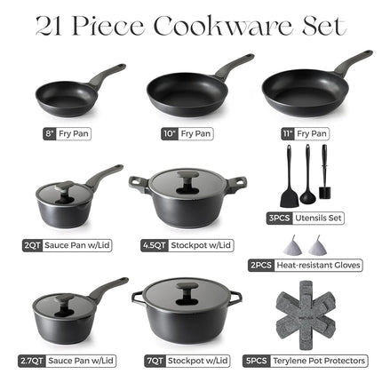 PRICUSIS Juego de ollas y sartenes antiadherentes, 9 piezas de utensilios de cocina de cerámica antiadherente no tóxica, sartén saludable para tortillas/huevos, sartén saludable, libre de PTFE, PFOA y PFAS, compatible con inducción, gris