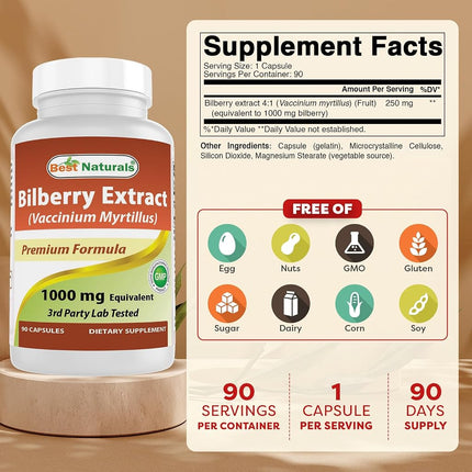 Best Naturals Bilberry Extract 1000mg for Healthy Vision, 90 Count
