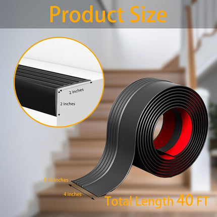 Vinyl Stair Nosing, Stair Edge Trim, Stair Edge Protector, Non-Slip Self Adhesive Stair Edge Protector Suitable for Indoor/Outdoor Stairs, Easy to Install, Non-Slip and Waterproof (Black, 40FT)