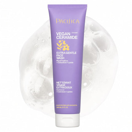 PACIFICA Beauty, Nettoyant visage extra doux réparateur à la céramide végétalienne, nettoyant quotidien pour le visage, approuvé par l'Association de l'eczéma, sans danger pour les peaux sensibles, sans parfum, 100% végétalien et sans cruauté