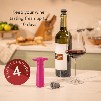 Vacu Vin Original Wine Saver with 4 Vacuum Bottle Stoppers – Wine Preserver Pump for Red or White Wine – Manual Air Remover System – Airtight Seal – Keep Wine Fresh Longer – Pink