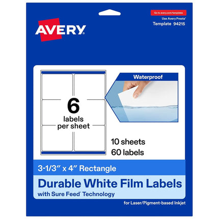 Avery Waterproof Rectangle Labels with Sure Feed, 3-1/3" x 4", 60 White Labels (36570)