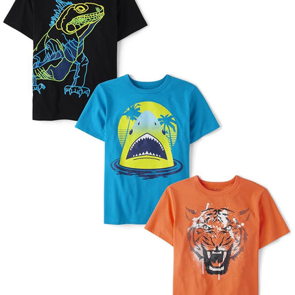 The Children's Place Boys' 3-Pack Short Sleeve Graphic T-Shirt, Tiger/Iguana/Shark, X-Small