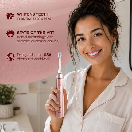 Wagner Stern IntelliBrush Series Whitening Electric Toothbrush with Pressure Sensor. Offers 4 Brushing Modes, 3 intensities, 8 Soft Brush Heads, and a Luxury Travel case.