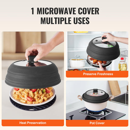 Cubierta y alfombrilla antisalpicaduras para microondas VEVOR, tapa de microondas plegable de 10.8" para alimentos, protector antisalpicaduras de silicona y vidrio templado resistente al calor de 500°F para platos, utensilio de cocina multiusos con asa