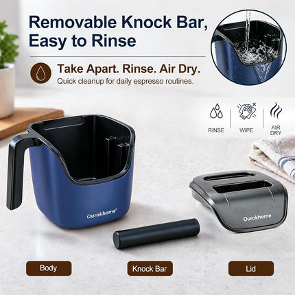 Ourokhome Espresso Knock Box with Lid, Compact Coffee Grounds Container for Home Coffee Bar, Removable Knock Bar, 304 Stainless Steel Exterior, Non-Slip Base & Handle, Easy Clean (Deep Blue)