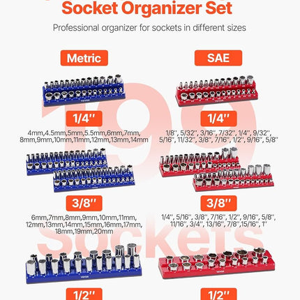 VEVOR Magnetic Socket Organizer Set, 8PCS Socket Holder, 1/4'', 3/8'' & 1/2'' Metric SAE Socket Trays with Clear Labels, Hold up to 199PCS Standard & Deep Sockets, Blaue & Red (Sockets Not Included)