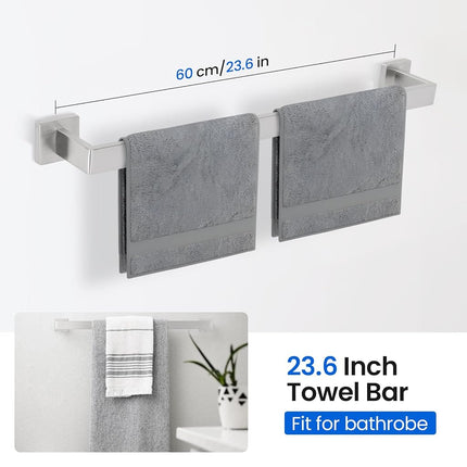FAHKNS 10 Pièces Ensemble d'Accessoires de Salle de Bain 23,6 Pouces en Acier Inoxydable, Porte-Serviettes Carré Mural pour Salle de Bain, Argent
