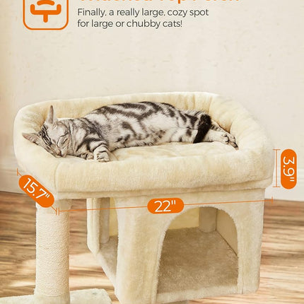 Feandrea Cat Tree Tower, 84 cm, L, Condo for Large Cats up to 16 lb, Large Perch, 2 Caves, Scratching Post, Beige UPCT61M