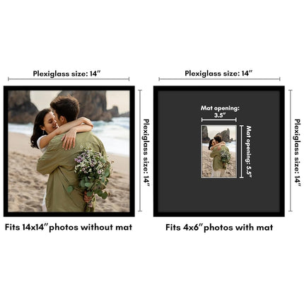 Americanflat 14x14 Picture Frame with Polished Plexiglass - Use as 4x6 Frame with Black Mat or Display 14x14 Photo Without Mat - Streamline Collection - Thin Border Square Frames for Wall - Black