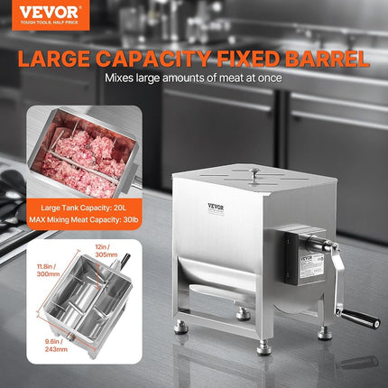 VEVOR Manual Meat Mixer, 30 Pound Capacity Tank Meat Processing Equipment, Stainless Steel Meat Mixer, Sausage Mixer Machine with Lid and Handle, Ground Beef Hand Mixer, Silver