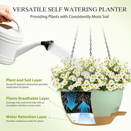 SQKH 12 Inch Hanging Baskets 2 PC with Chains, Self-Watering Hanging Planters for Indoor Outdoor Plants, Plastic Hanging Flower Pots,Green Brown