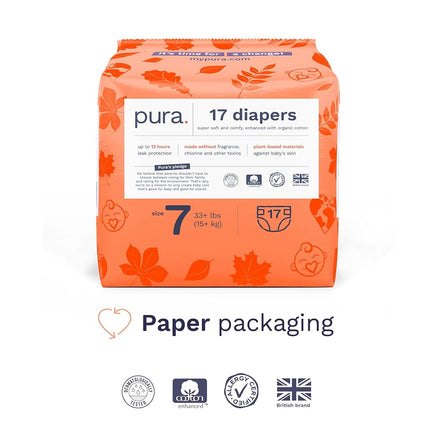 Pura Size 7 Eco-Friendly Diapers (33+lbs) Hypoallergenic, TCF, Soft Organic Cotton, Sustainable, up to 12 Hours Leak Protection, Allergy UK, Recyclable Paper Packaging, 6 Packs of 17 (102 Diapers)