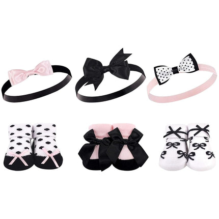 Set de regalo de diadema y calcetines para bebé Hudson Baby, moños negros y rosas, talla única