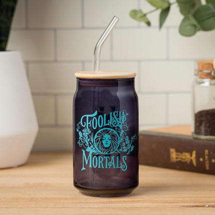 Silver Buffalo Disney Haunted Mansion “Foolish Mortals” Featuring Madame Leota Glass Jar Tumbler with Bamboo Lid and Glass Straw, 16 Ounces
