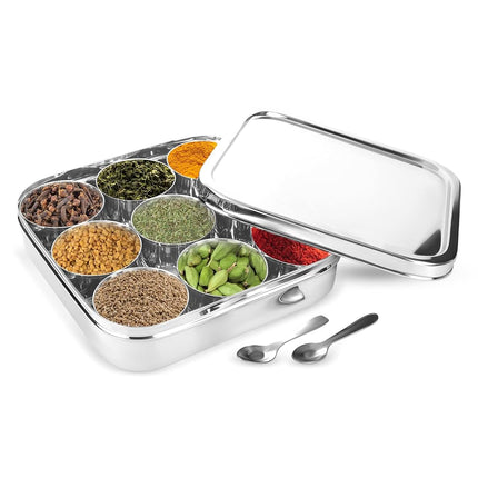 KSJONE Indian Spice Tin Stainless Steel Masala Dabba LARGE Curry Cooking Tiffin Box Kitchen Container 9 Compartments Storage Set Silver (KSJ0325)