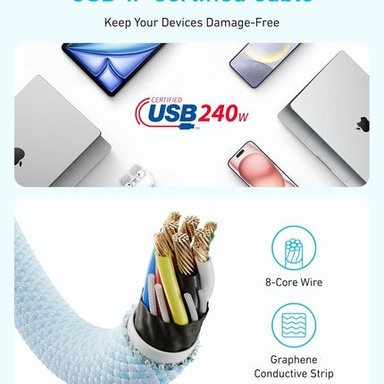 Anker Zolo USB C to USB C Cable, Braided and Dirt-Free Type-C Fast Charging Cable, Slim Connector, for iPhone 16 Series, MacBook (240W) (Blue, 6FT)