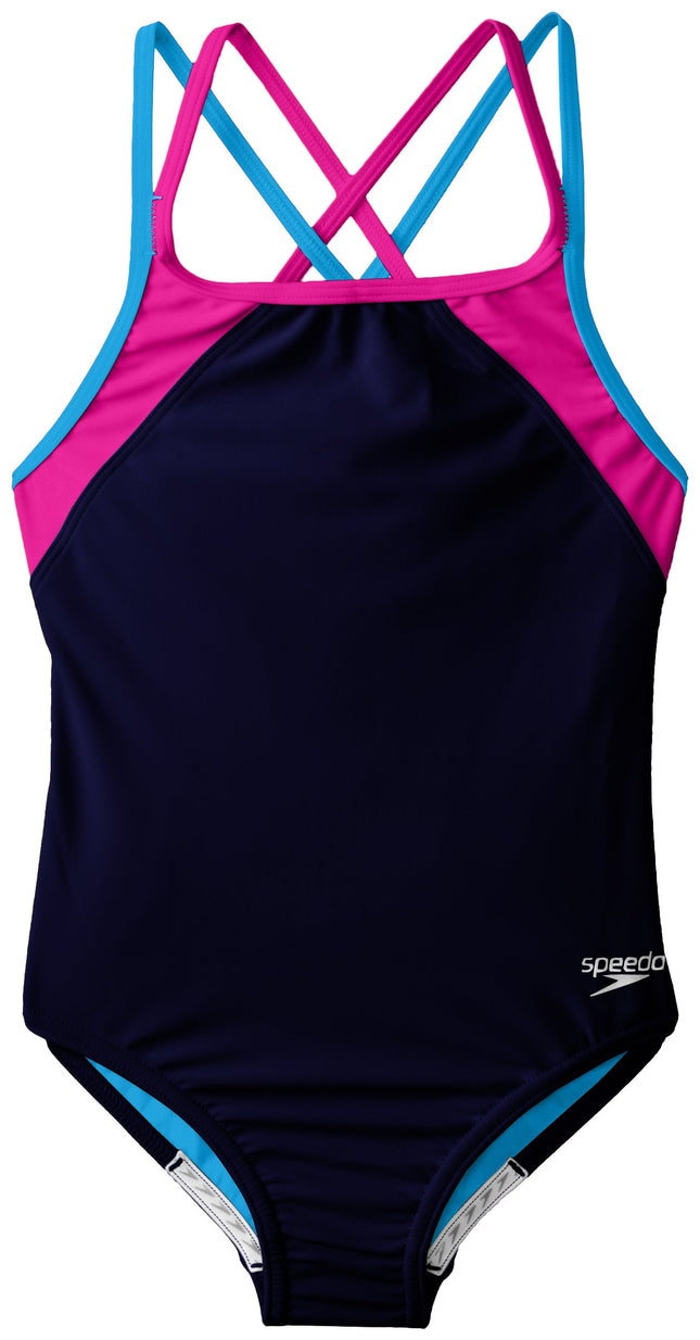 Speedo Big Girls Cross Back Splice 1 Piece, Navy, 