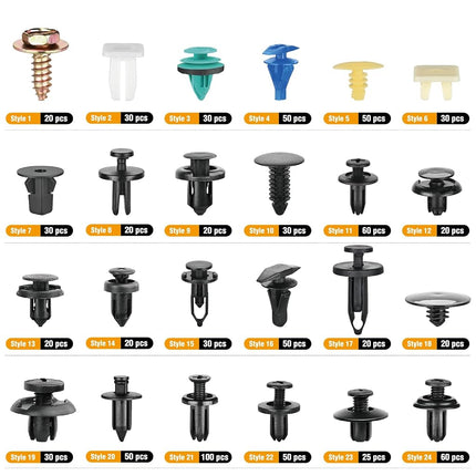 GOOACC 900Pcs Plastic Rivets and Auto Body Fasteners Assortment -24 Most Popular Sizes Nylon Bumper Clips with 10 Cable Ties for GM, Ford, Chrysler, Toyota, Honda, Nissan, Mazda, Chevy, Jeep, etc.