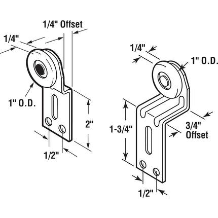Prime-Line N 7532 Sliding Closet Door Roller Kit, 1 in. Wheel Diameter, Convex (Round) Edge Plastic, Stamped Steel Construction, Includes 1/4 and 3/4 in. Offset Pairs (2 Pack)