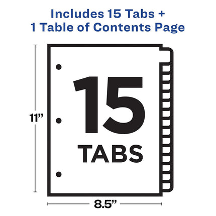 Avery 15 Tab Dividers for 3 Ring Binders, Customizable Table of Contents, Multicolor Tabs, 1 Set (11143)