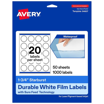 Avery Durable Waterproof Starburst Labels with Sure Feed, 1.75", 1,000 Oil and Tear-Resistant Waterproof Labels, Print-to-The-Edge, Laser/Pigment-Based Inkjet Printable Labels