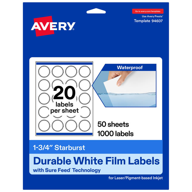 Avery Durable Waterproof Starburst Labels with Sur