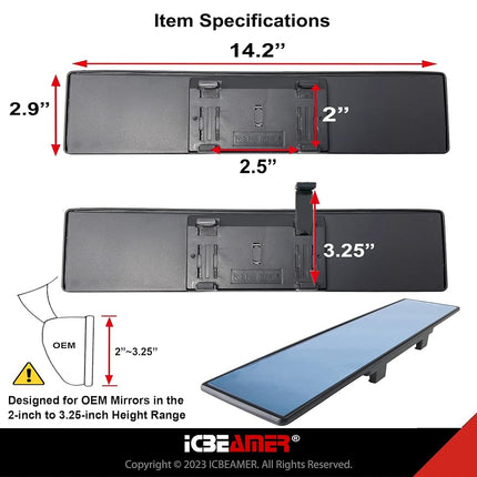 ICBEAMER 14.2" Car Rear View Mirror, HD Blue Tint, Panoramic Wide Angle Flat Surface, 2 Interior Retractable Rubber Clips, Anti Glare, Automotive Accessories Universal for Truck, Car, SUV, 1 Pack
