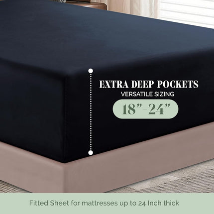 Elegant Comfort 1500 Premium Hotel Quality 18-24 Inches Deep - Extra Deep Pocket Single Fitted Sheet for High Mattress, Luxury and Softest, Smart Pocket - Wrinkle Free, Full, Black