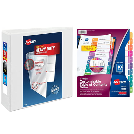 Avery Heavy-Duty View 3 Ring Binder with 3 Inch Rings, 10 Tab Customizable Table of Contents Binder Dividers, Office Supplies Set (01678)