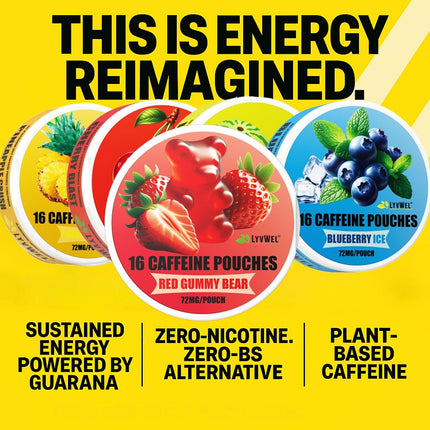 LyvWel 72mg Caffeine Energy Pouches – Wintergreen – Crisp Mint Energy with Guarana – 5-Pack (80 Total Pouches)