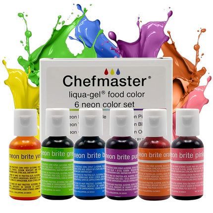 Chefmaster - Neon Liqua-Gel Food Coloring - Fade Resistant - 6 Pack of 20ml Bottles - Stunning Vivid Colors with Lightweight and Easy-To-Blend Formula