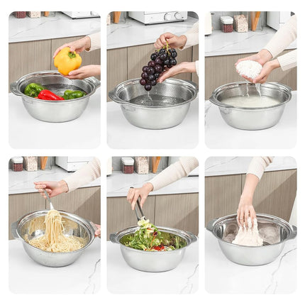 304 Stainless Steel Microporous Colander with Handle, Rice Washers Microporous Strainer Set for Washing Vegetables, Fruits and Rice, and draining Cooked Pasta.