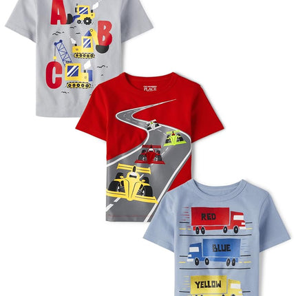 Paquete de 3 camisetas gráficas de manga corta para bebé niña The Children's Place, coches del alfabeto/coche de carreras/camiones, 12-18 meses