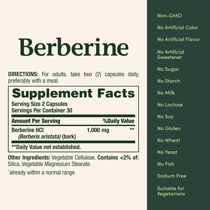 Nature's Bounty 1000mg Berberine Herbal Health Capsules Support Heart and Cardiovascular Health, Help Maintain Healthy Cholesterol, Triglyceride, and Blood Sugar Levels, 60 Capsules