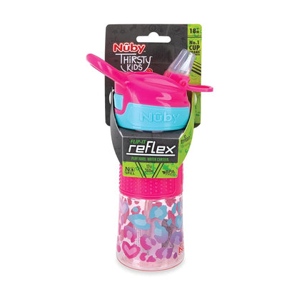 Nuby Thirsty Kids Vaso Entrenador Antiderrame Flip-It con Boquilla Suave - 12 oz - 18+ Meses - Leopardo Rosa - Esenciales para la Vuelta al Cole