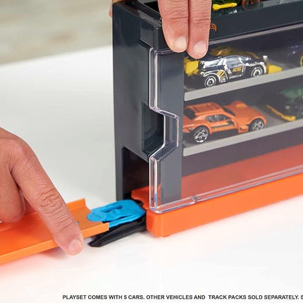 Autos de juguete Hot Wheels, set de 8 vehículos a escala 1:64 y estuche de exhibición y almacenamiento interactivo con capacidad para 12, se conecta a la pista