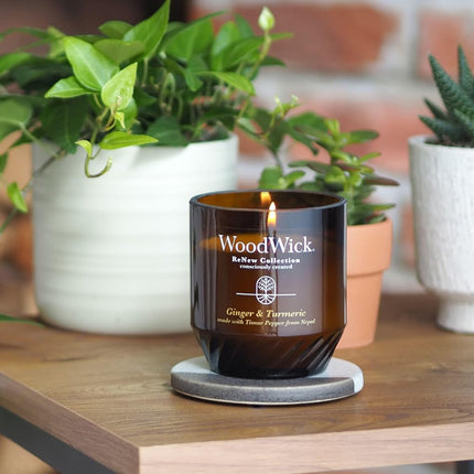 WoodWick® Renew Medium Candle, Ginger & Turmeric Scented Candles, 6oz, Plant Based Soy Wax Blend, Made with Upcycled Materials and Essential Oils, Up to 55 Hours of Burn Time