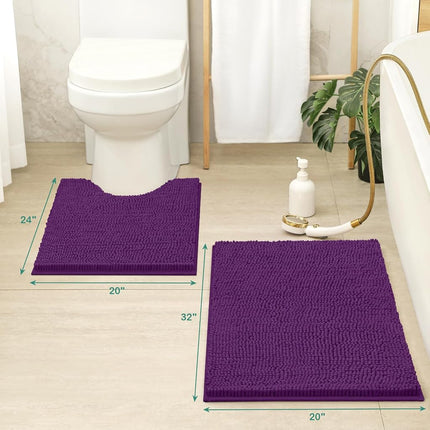 HOMEIDEAS Bathroom Rugs Set 2 Pieces, Ultra Soft Non Slip Absorbent Chenille Toilet Bath Mat Set (Purple)